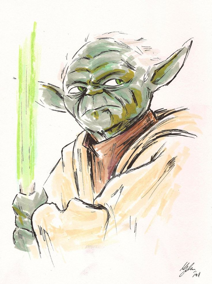 a drawing of yoda from star wars holding a green light saber in his right hand