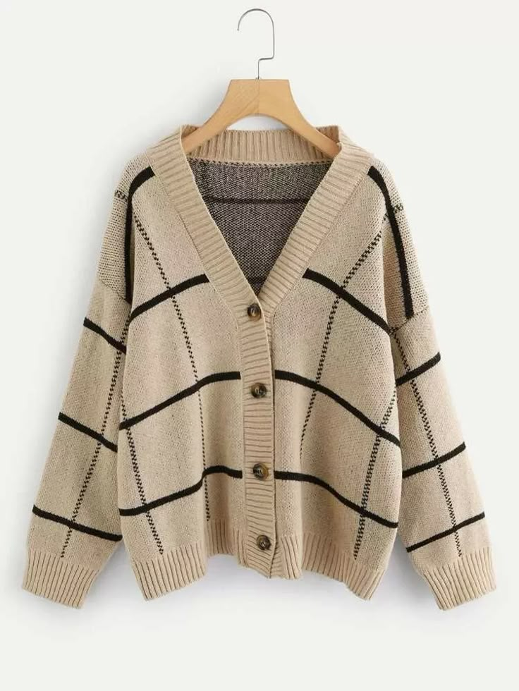 Celana Jogger Wanita, Buttoned Cardigan, Plaid Cardigan, Slouchy Style, Women Sweaters, Grid Pattern, Ribbed Neckline, Mecca, Dream Clothes