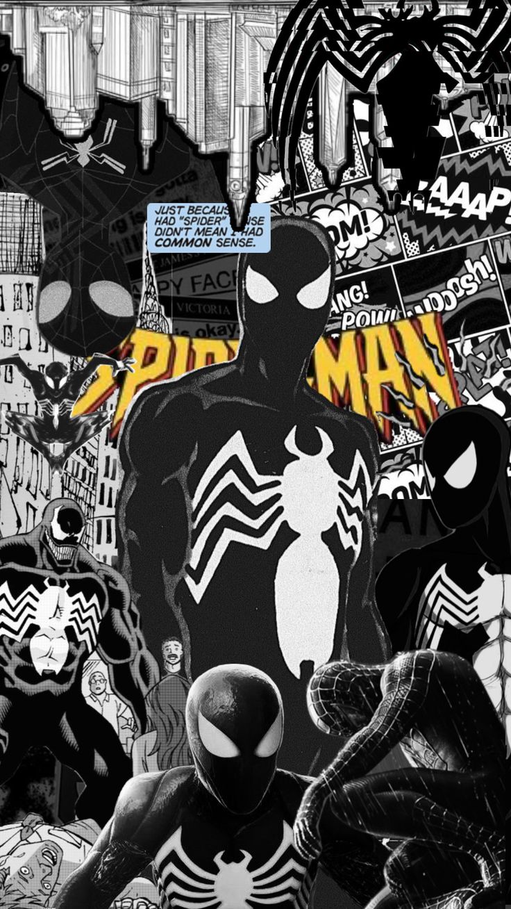 the amazing spider - man collage is featured in this black and white photo, with many