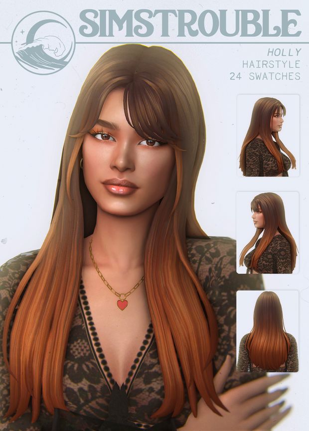 an animated image of a woman with long hair and necklaces on her chest, in front of a sign that says simstouble holly hairstyle 24 swatches