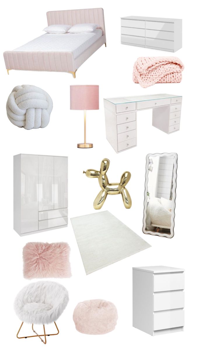 a white bedroom with pink accents and accessories on the floor, including a bed, dresser,