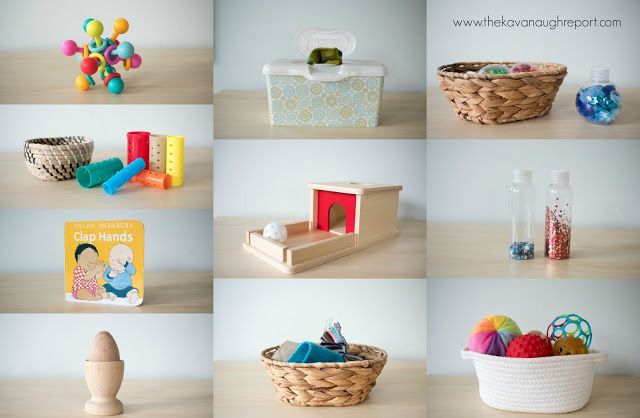 there are many different baskets and toys on the table together in this photo collage