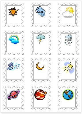 stamps with different types of weather and clouds on them, including the sun, moon, planets