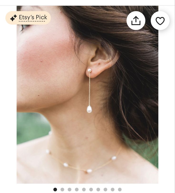 an image of a woman wearing pearls on her necklace and earring, with the caption etsy's pick