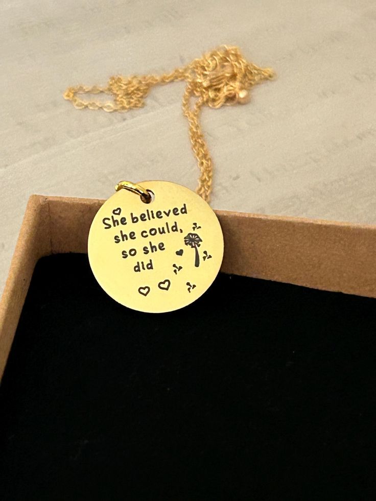 A beautiful 16K gold plated necklace, engraved with she believed she could so she did, teen mental health, affirmation, inspirational jewelry for her, woman sobriety gift, graduation, gift for friend Inspirational Necklaces For Best Friend Gift, Inspirational Necklace For Best Friend Gift, Inspirational Necklaces For Best Friend, Hand Stamped Necklaces For Best Friend Gift, Hand Stamped Necklace For Best Friend Gift, Inspirational Personalized Charm Necklaces, Inspirational Personalized Charm Necklace, Affirmation Bracelets