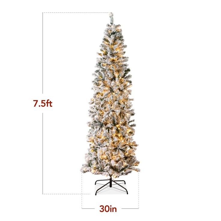 a christmas tree with white lights and snow on the top is shown in front of a white background