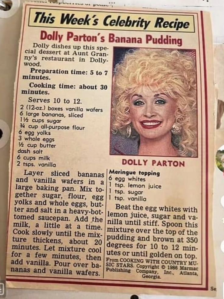 an old newspaper article with dolly parton's celebrity recipe