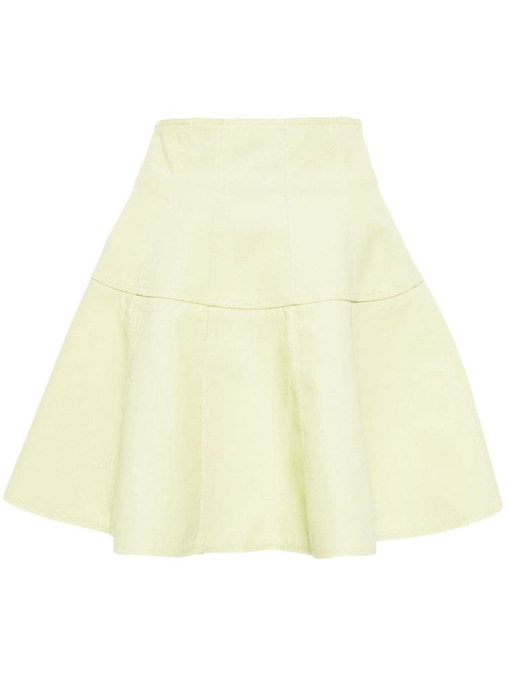 light green high-waisted ruffled detailing bell-shape design concealed side zip fastening Flared Mini Skirt, Green Skirt, Ulla Johnson, Shape Design, Side Zip, Light Green, High Waisted Skirt, Mini Skirt, Womens Bottoms