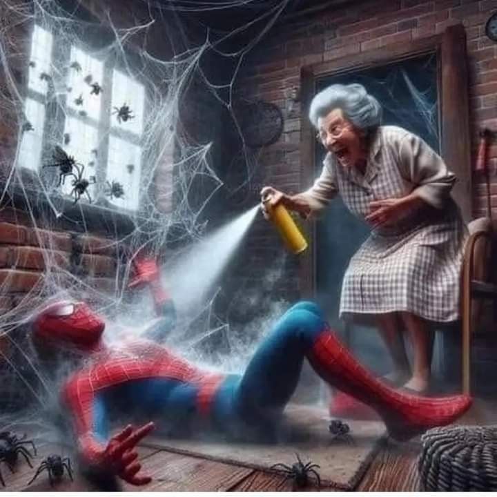 an old woman is spewing water on her spider - man