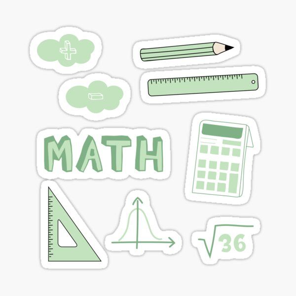 green stickers with the words math written on them and various school related items around it