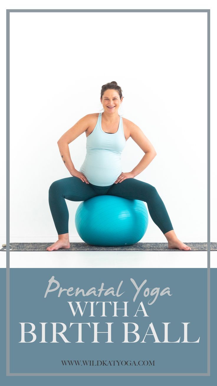 a pregnant woman sitting on an exercise ball with the words, pronatal yoga with a birth ball