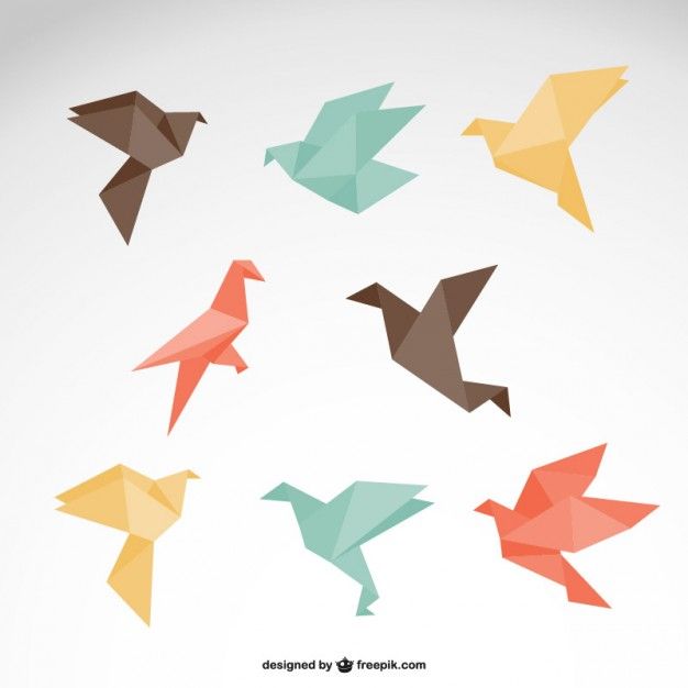 six origami birds are flying in the air, each with different colors and shapes