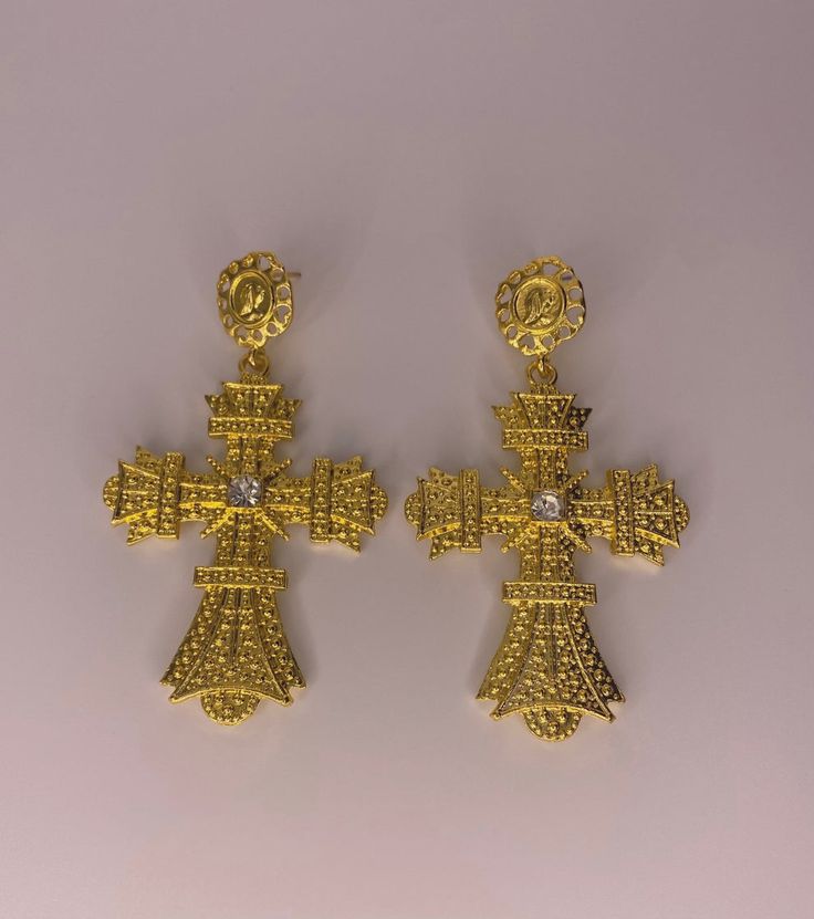 Gold Chunky Cross Earrings – Scandaless Accessories Gold-tone Crystal Earrings For Party, Pierced, Chic Gold Jewelry With Rhinestones, Gold-tone Crystal Party Earrings, Glamorous Rhinestone Earrings, Gold Metal Earrings With Rhinestones, Gold Rhinestone Earrings For Gift, Gold Earrings With Rhinestones For Gift, Gold Rhinestone Metal Earrings, Glamorous Gold-tone Metal Earrings