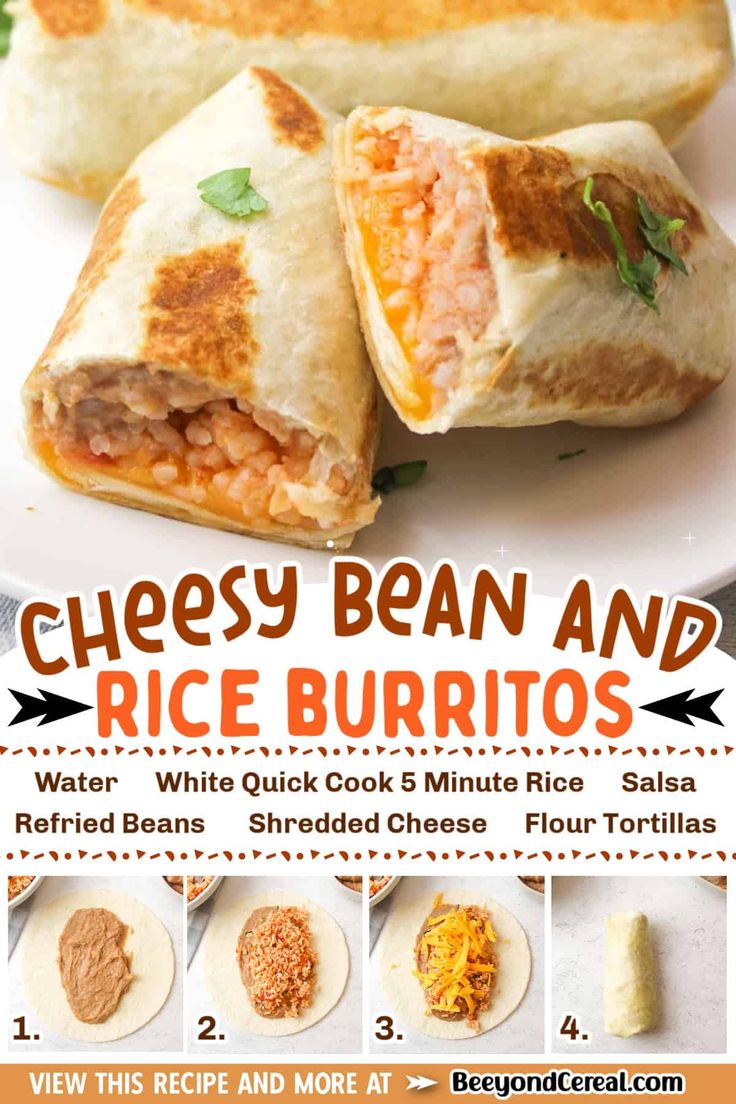 the recipe for cheesy bean and rice burritos is shown on a white plate