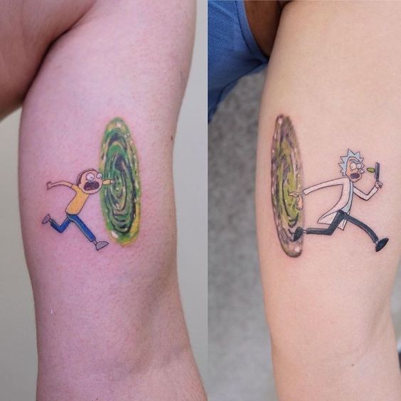 two tattoos with cartoon characters on them