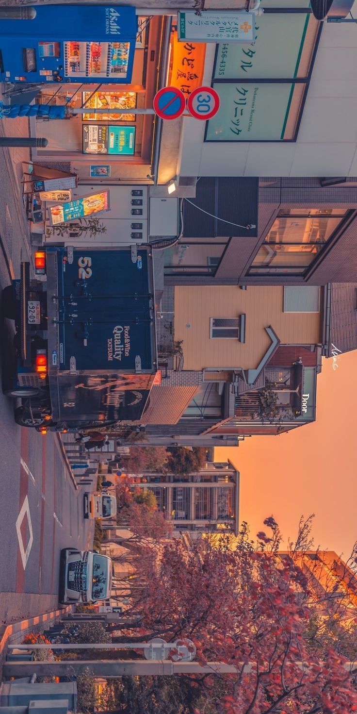 an overhead view of a city street at sunset