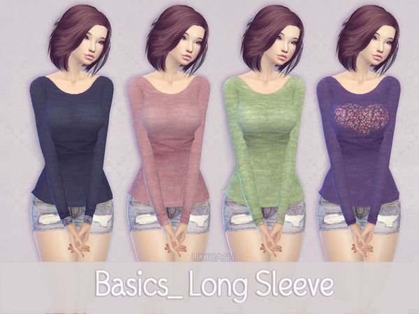 three women in different colored tops and short shorts, with the words basics long sleeve