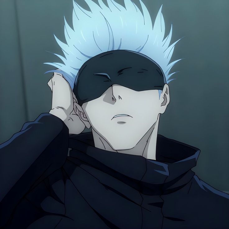 an anime character with white hair and blue eyes wearing a black hoodie, holding his hands to his ears