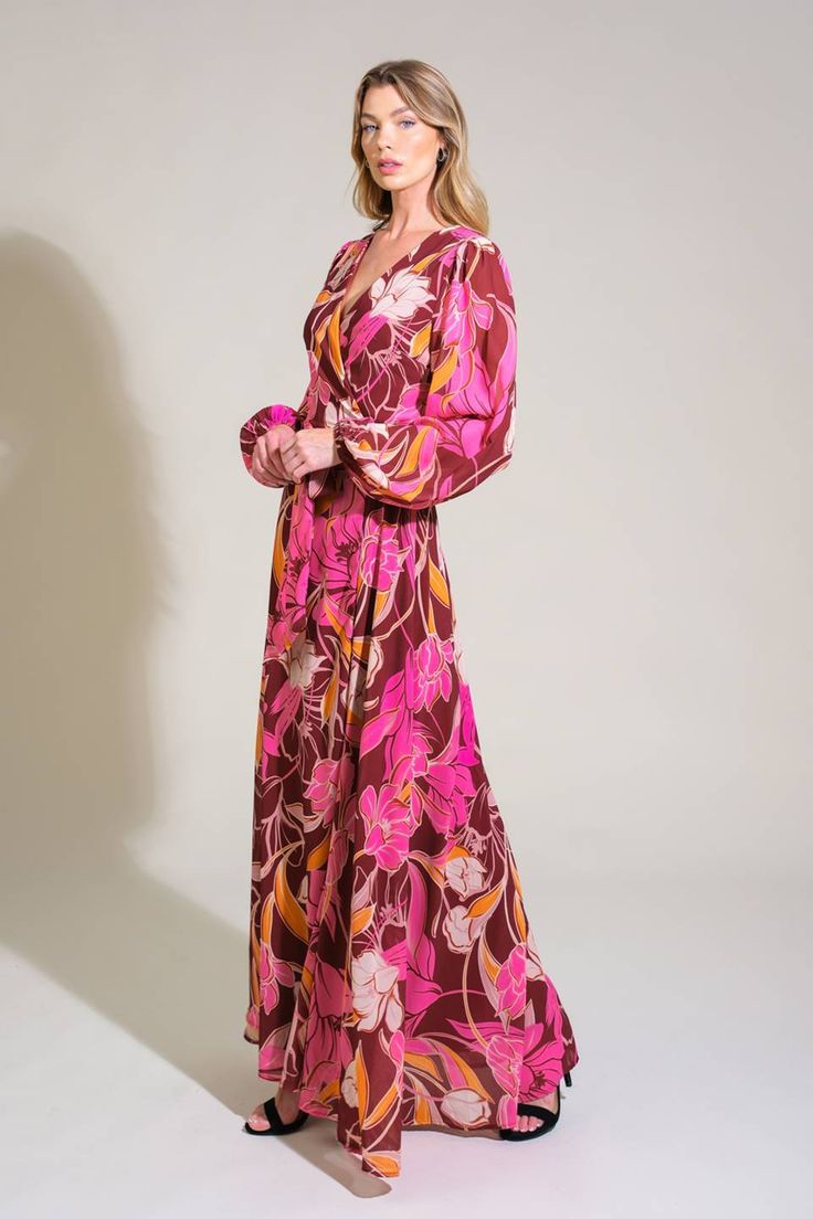 A printed woven maxi dress featuring surplice neckline, long sleeve and true wrap Details: Self : 100% PolyesterLining : 100% Polyester Size & Fit - Model is 5`8" And Wearing Size Small- Measurements Taken From Size Small- Approx. Length: 60" Pink V-neck Maxi Dress For Fall, Printed Maxi Wrap Dress For Spring, Printed Maxi Length Wrap Dress For Spring, Fall Season Pink Printed Maxi Dress, Fall Pink Printed Maxi Dress, Chic Floral Print Maxi Wrap Dress, Floral Print Maxi Length Wrap Dress, Fall Maxi Wrap Dress For Brunch, Pink Printed Maxi Dress For Fall