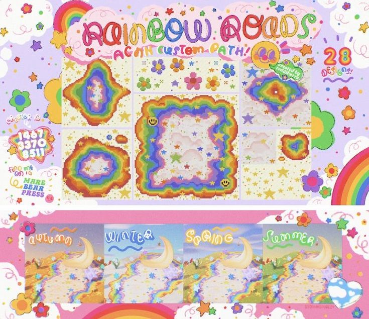 an advertisement for rainbow road with stars and clouds on the front, and in the back