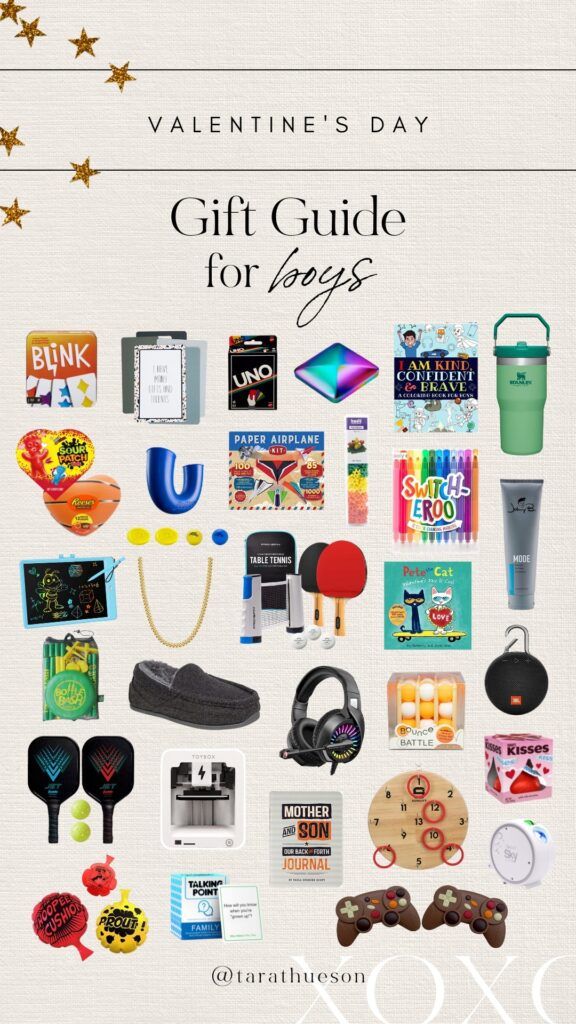 the valentine's day gift guide for boys is on display in front of a white background