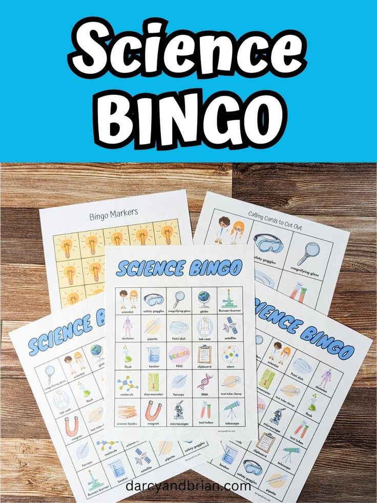 science bingo game for kids with pictures and text overlay that reads, science bingo