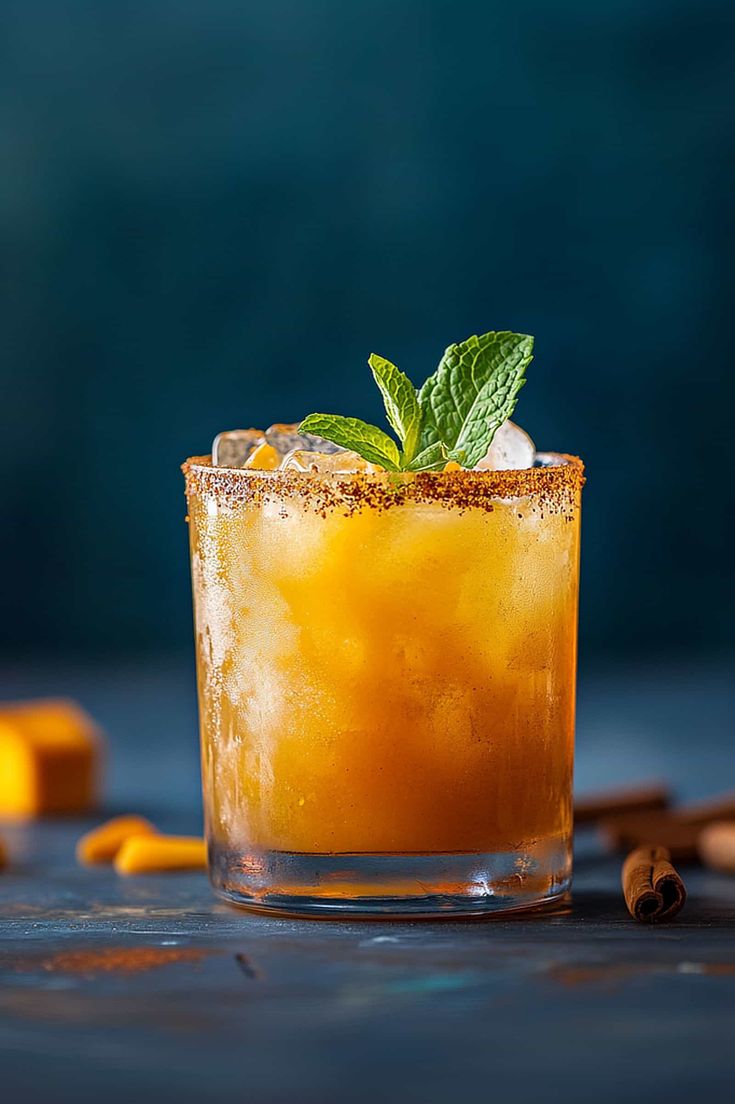 an orange cocktail garnished with mint sits on a table next to cinnamons