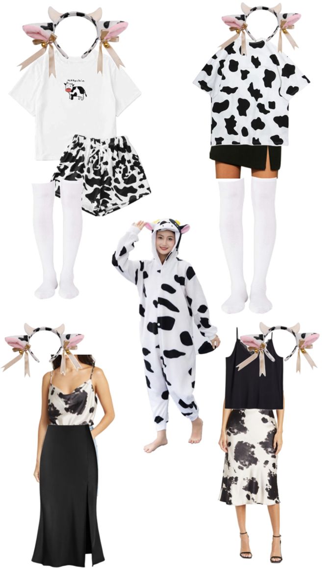 four different types of costumes with cow print on the front and back, all in black and white