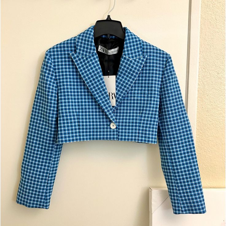 Zara Plaid Cropped Jacket [Last One] (Original Price Is $120) - Size: Available In Xs And S. - Matching Skirt Is Available In Xs. - Color: Blue. - Length From Shoulder: 14.75 Inches - Chest: 19 Inches - Shoulder: 5.75 Inches - Sleeve: 22 Inches (This Data Was Obtained By Manually Measuring The Product. It May Be Off By 1-2 Cm) Zara Long Sleeve Cropped Jacket For Spring, Zara Fitted Cropped Jacket For Spring, Zara Fitted Cropped Jacket For Winter, Zara Fitted Cropped Jacket For Fall, Trendy Blue Cropped Jacket For Fall, Trendy Blue Cropped Jacket For Work, Zara Cropped Blazer For Fall, Fitted Blue Cropped Jacket For Fall, Fitted Blue Blazer For Fall