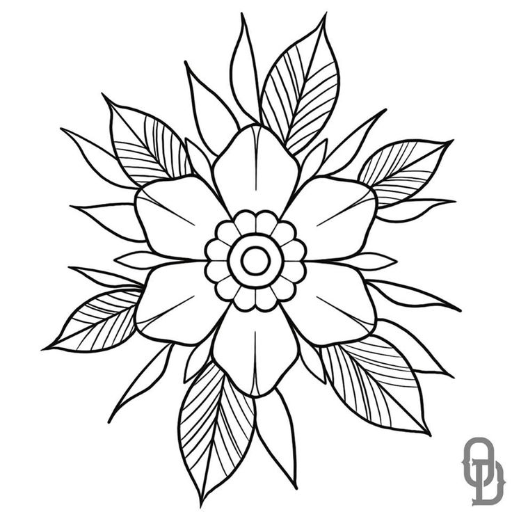 a black and white drawing of a flower with leaves on the petals, it is easy to draw