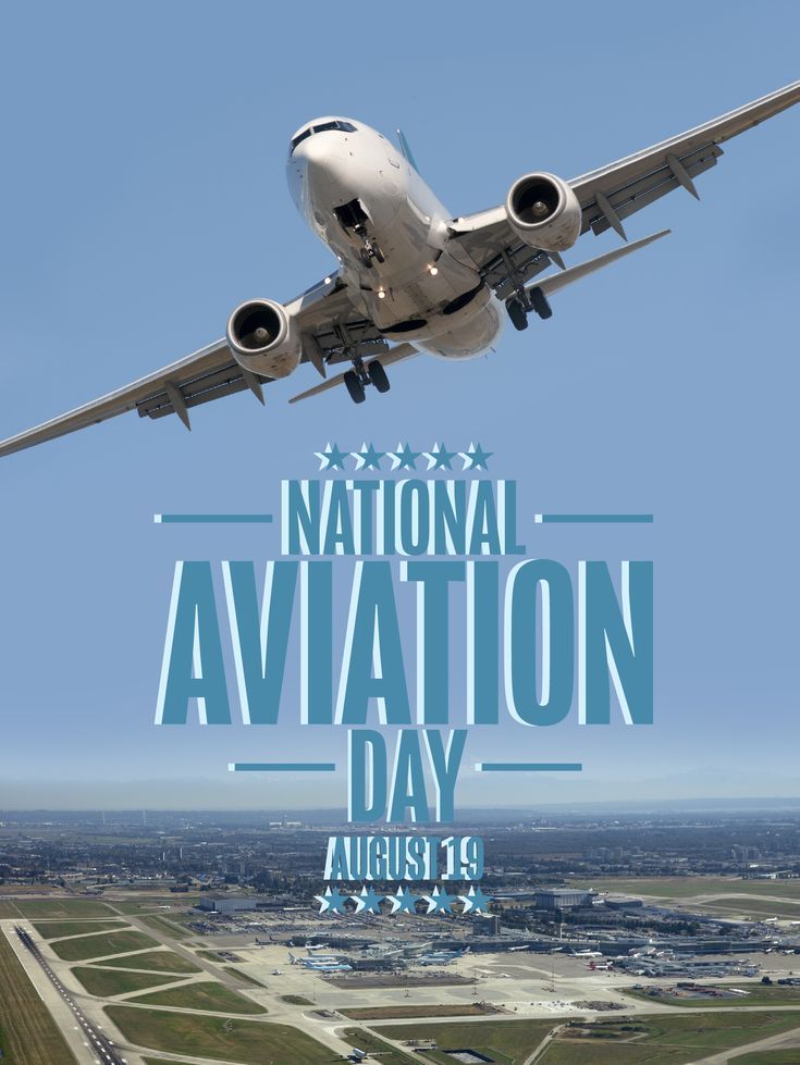 an airplane is flying in the sky with words that read national aviation day