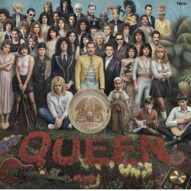 a large group of people standing in front of a sign with the word queen on it