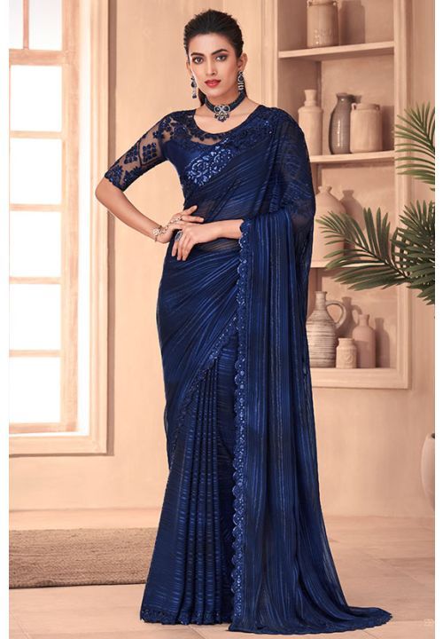 Indigo Blue Silk Saree with Embroidered Blouse Bollywood Sarees Online, Party Wear Sarees Online, Blue Silk Saree, Pakistani Salwar, Latest Designer Sarees, Designer Salwar, Party Wear Saree, Silk Saree Blouse, Blue Saree