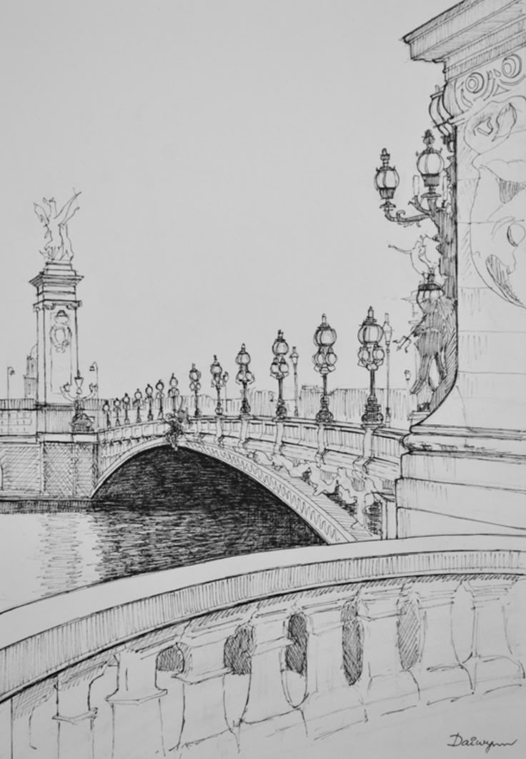 a pencil drawing of a bridge over a body of water