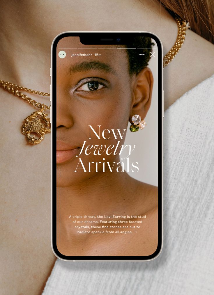 the new jewelry arrivals app is displayed on an iphone screen, with a woman's face visible