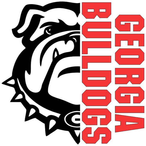 the bulldogs logo is shown in red and black