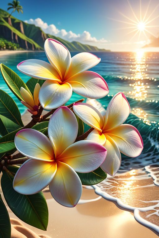 two white and yellow flowers sitting on top of a sandy beach next to the ocean