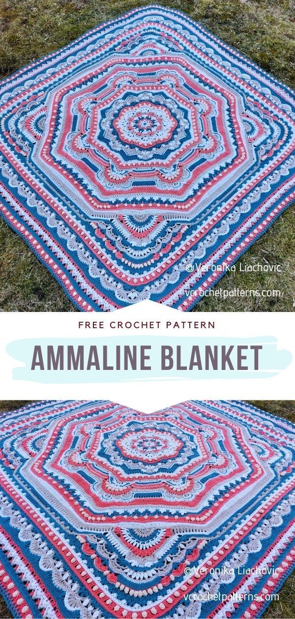 the crochet afghan pattern is shown in red, white and blue with an intricate design