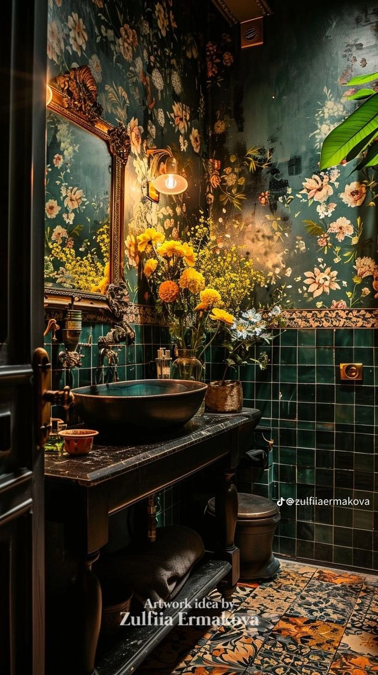 a bathroom with green tiles and flowers on the wall, along with a black sink