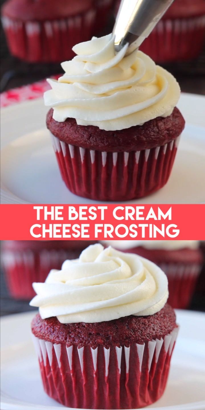 red velvet cupcakes with cream frosting on top and the words, the best cream cheese frosting