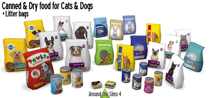 an assortment of dog food and treats on white background with caption that says canned & dry food for cats and dogs