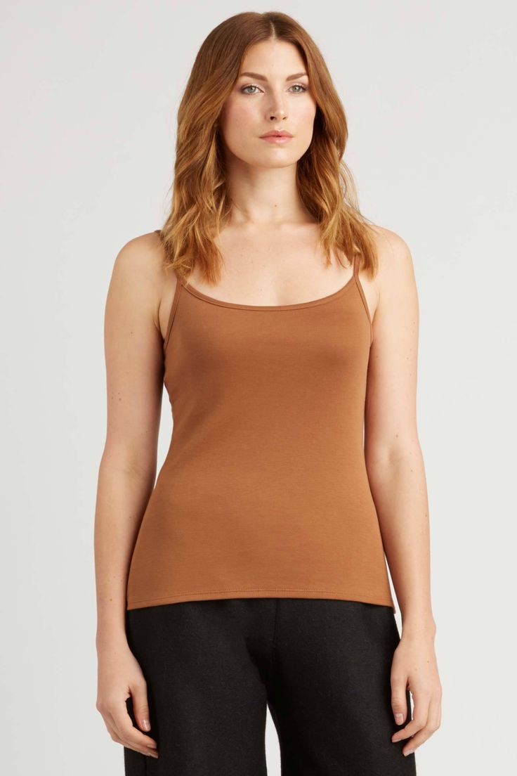 Womens Tank Top Camisole Orange Brown | Organic Cotton Clothing Essentials Summer Layering Tank Straps Vest, Summer Layering Vest, Everyday Fitted Cami Top, Fitted Camisole Top For Everyday, Stretch Versatile Camisole, Versatile Seamless Cami Top, Versatile Bra Friendly Camisole Top, Casual Fitted Modal Camisole, Summer Layering Tank Strap Camisole