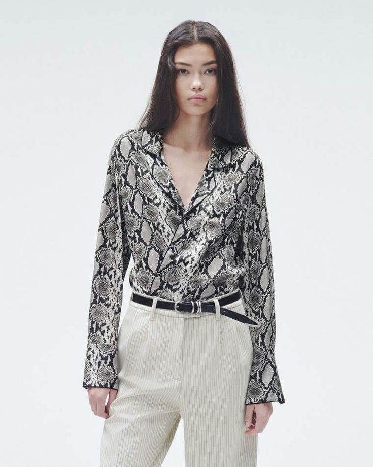 The Aurora. Traced with traditional piping, this notched lapel style is crafted in python stamped silk-rayon for a fluid fit. Snake Print Shirt Outfit, Snake Print Outfit, Printed Shirt Outfit, Printed Silk Shirt, Grey Outfit, The Aurora, Tshirt Outfits, Printed Silk, Silk Shirt