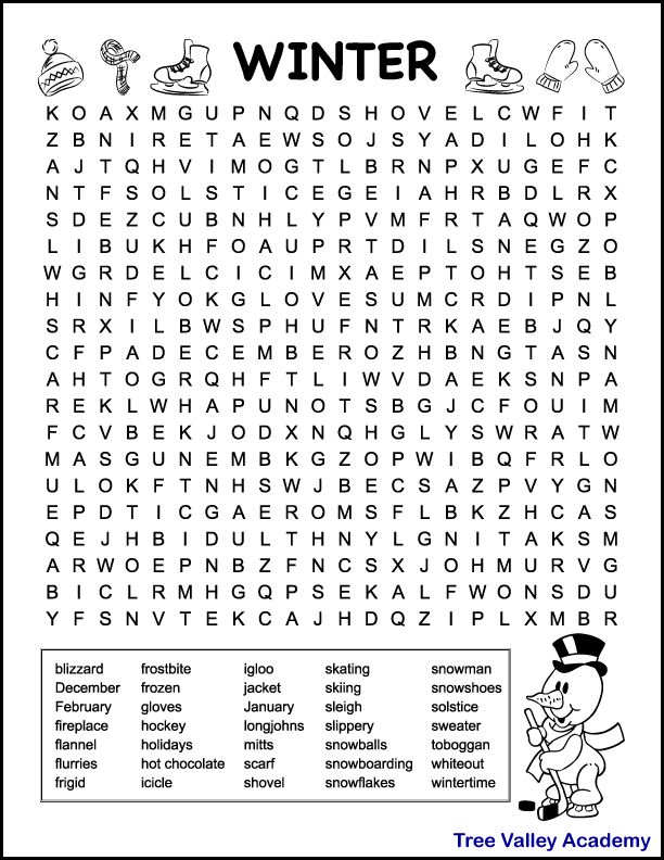 the winter word search is shown in black and white