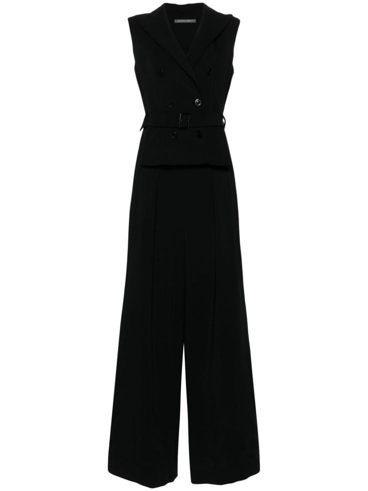 black crepe texture double-breasted button fastening concealed front hook and zip fastening wide peak lapels sleeveless dart detailing belt loops layered details two side inset pockets two rear welt pockets tailored cut straight leg Crepe Jumpsuit, Wedding Guest Looks, Yoko London, City Dress, Alberta Ferretti, Summer Beach Wear, Black Jumpsuit, Dart, Welt Pockets