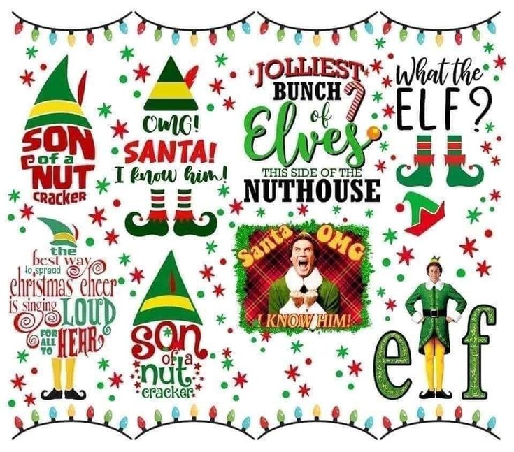 an image of christmas decorations with elf's names and sayings on the side