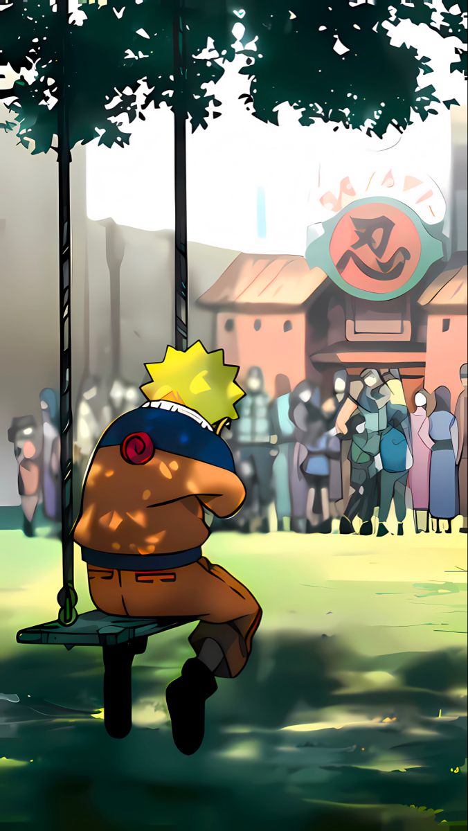 a cartoon character sitting on a swing in front of a group of people standing around