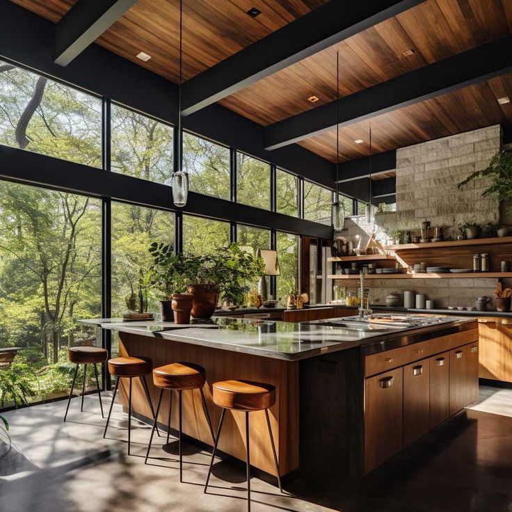 an open kitchen with lots of windows and wooden cabinets, along with bar stools