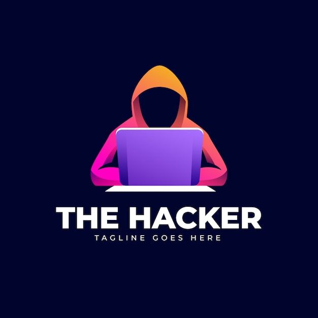 the hacker logo with a person sitting at a laptop and holding a hoodie on their head