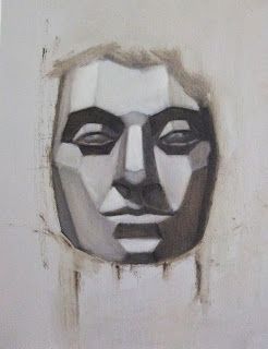 a drawing of a man's face on a white wall with black and grey paint